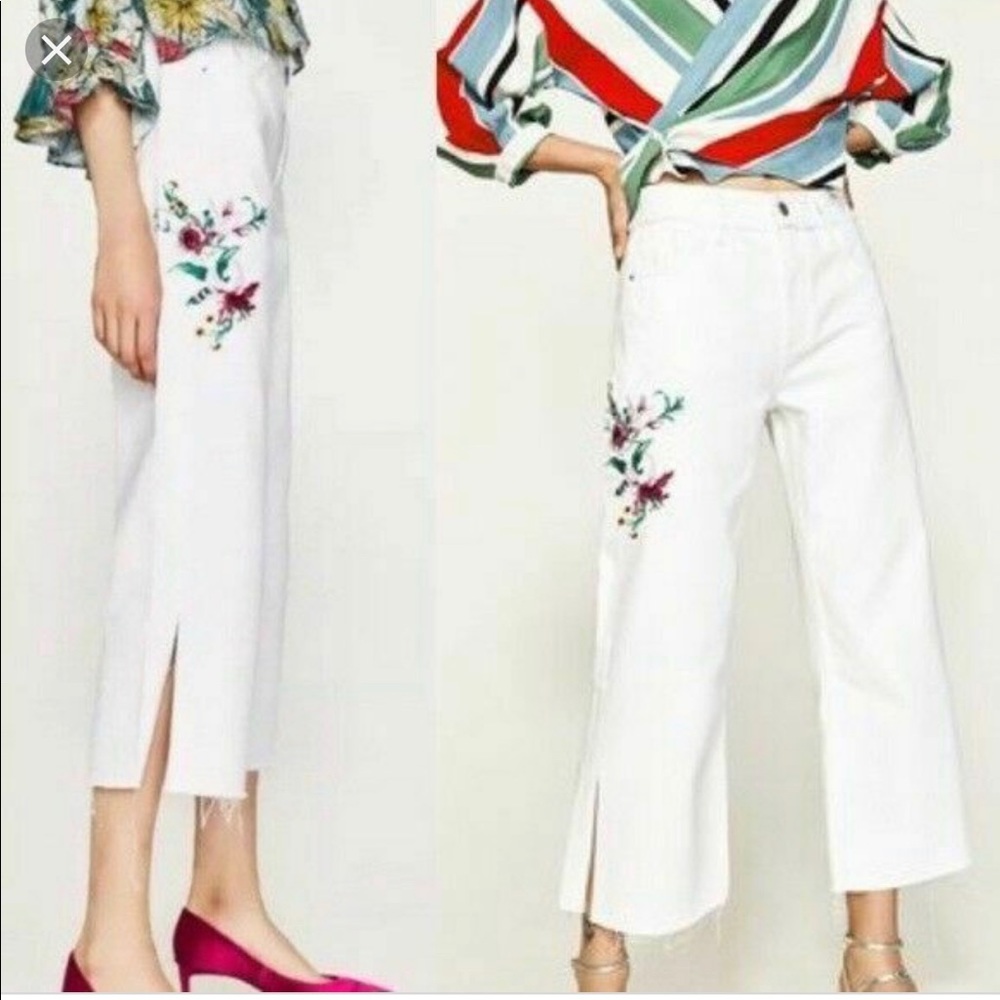 Zara white wide leg jeans with floral print